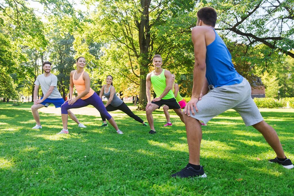 Outdoor lunges and spring training workout in Sydney park
